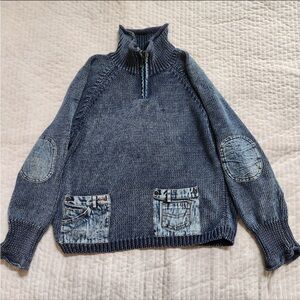 PBJ Blues vintage blue acid wash denim details sweater half zip pullover size S